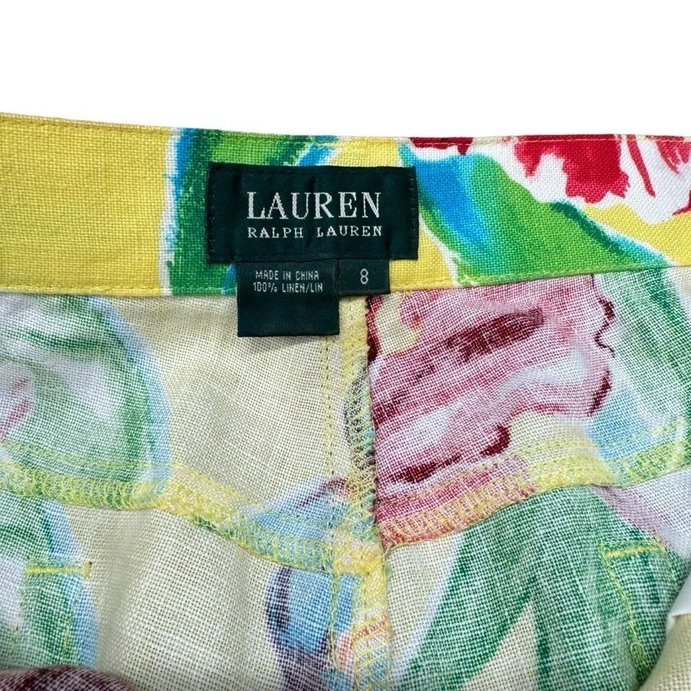 Lauren Ralph Lauren Linen Cropped Pants Women’s 8 Yellow Floral Tropical Hawaii - Picture 8 of 16